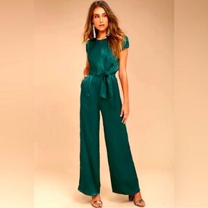 EUC Lulu’s  Let Me Entertain You Emerald Green Satin Wide-Leg Jumpsuit-S
